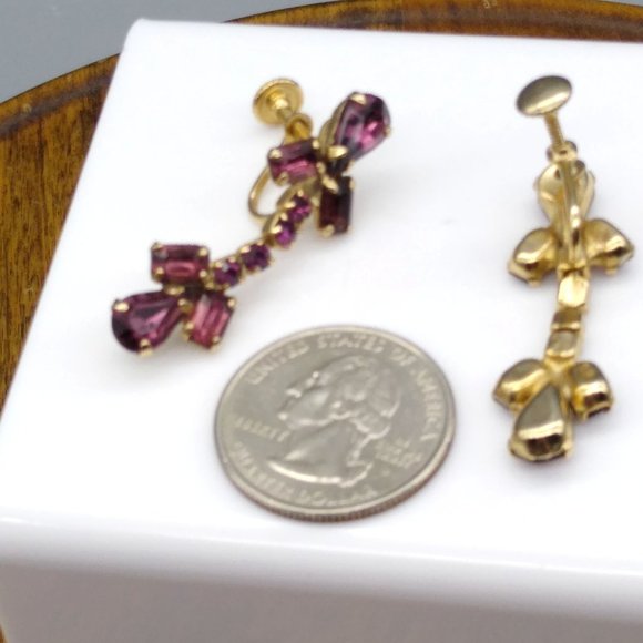 Purple Glam Crystal Drop Earrings, Gold Tone Screw Backs - Picture 4 of 4